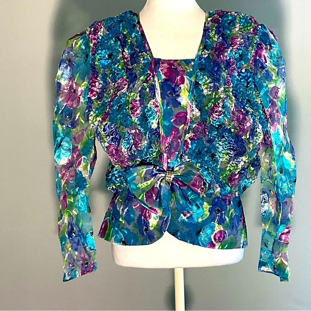Rare Vintage Patra Made USA 80s 90s Floral Peplum Blouse Size 10 - Picture 11 of 16